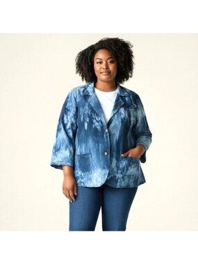 Nick & Mo Blue Tie-Dye Cotton Jacket 2X 2-Button Raw-Edge Boho